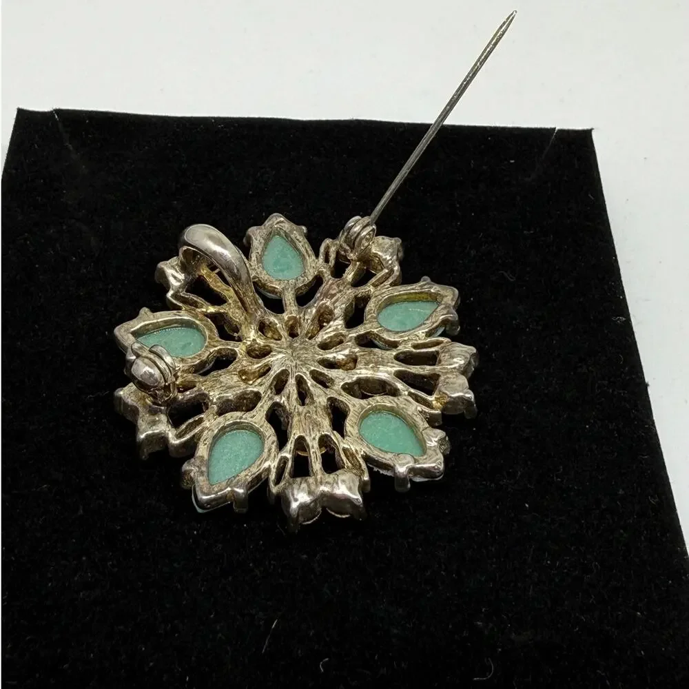 VINTAGE Brooch Pendant Aqua Rhinestone Seafoam Starburst Floral Gold Tone Pin